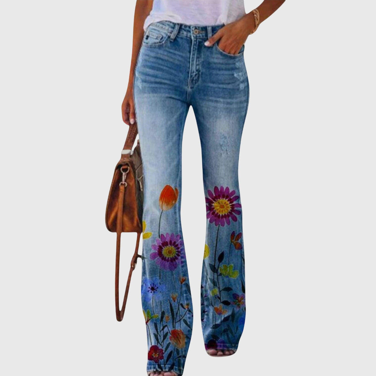 Women's High-Waist Flared Casual Jeans in Blue (Daisy Print)