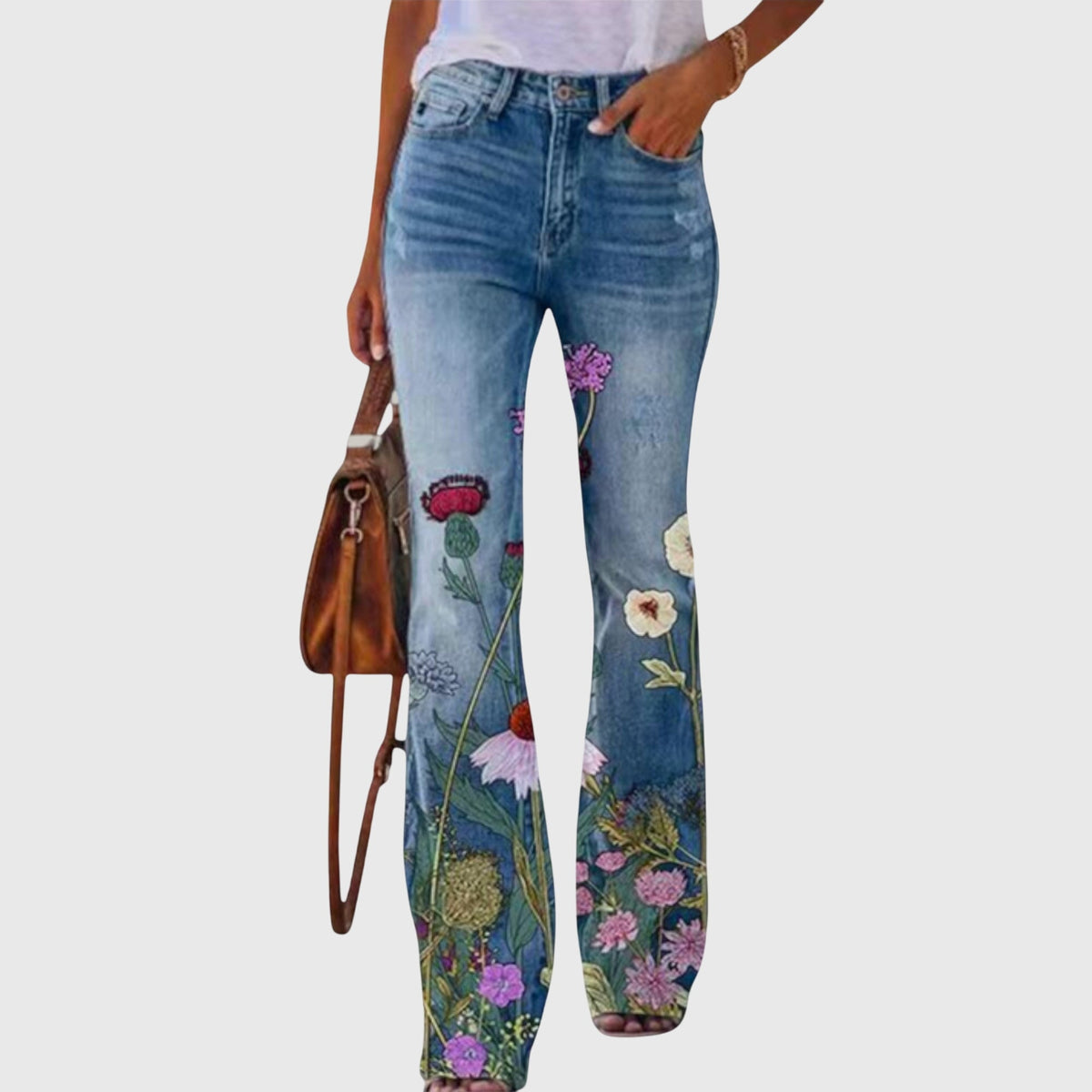 Women's High-Waist Flared Casual Jeans in Blue (Wildflower Print)