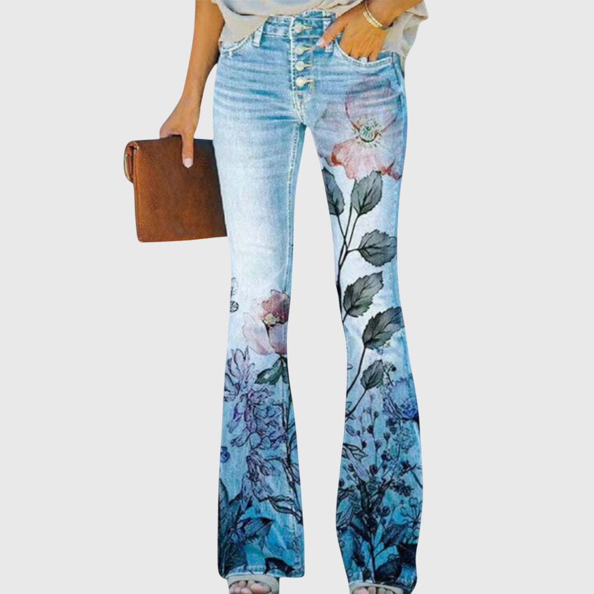 Women's High-Waist Flared Casual Jeans in Light Blue (Pink Rose Print)