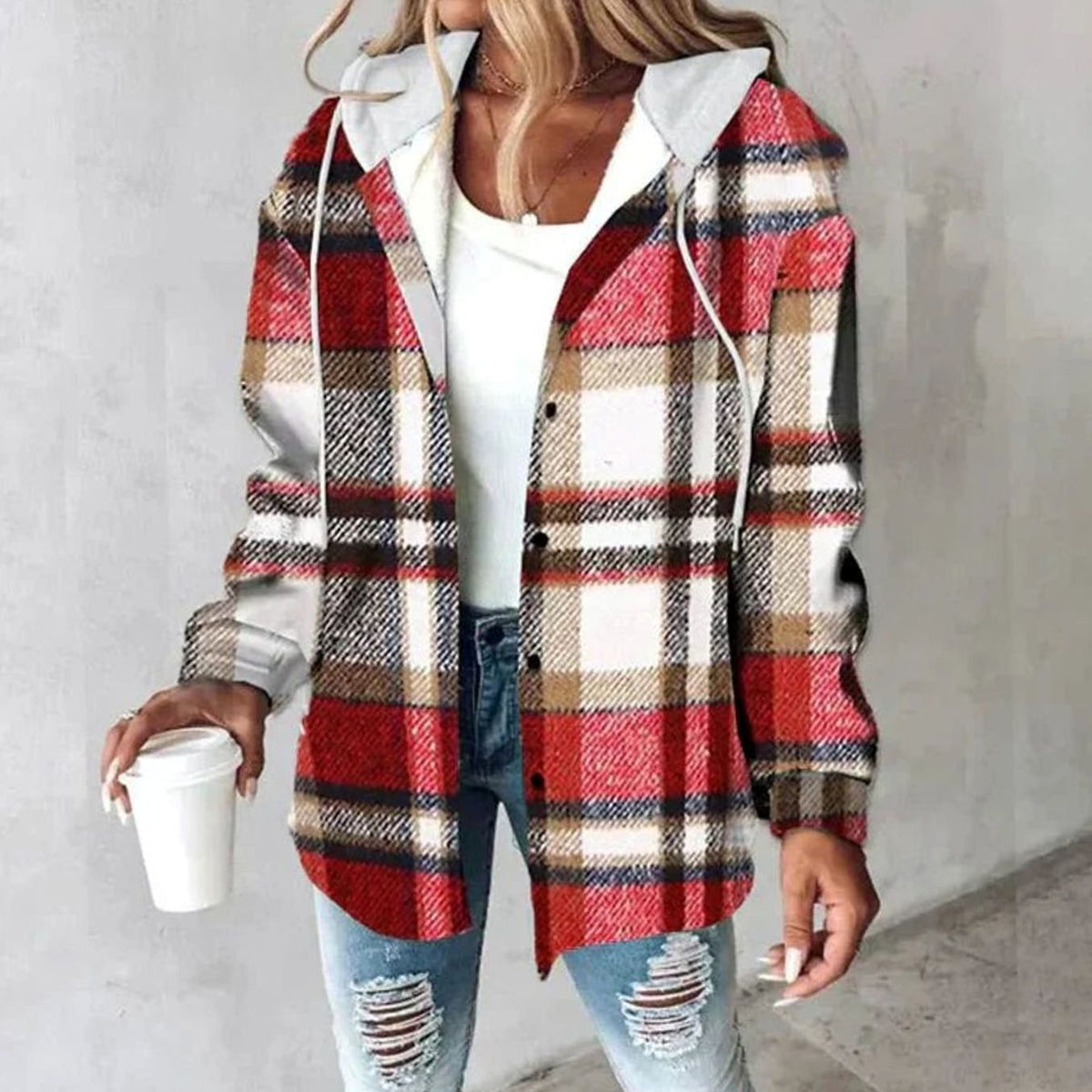 Women's Hooded Button-Front Casual Jacket in Red