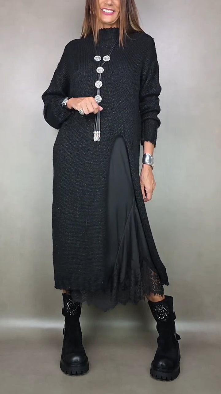 Two-Piece Layered Casual Midi Dress in Black
