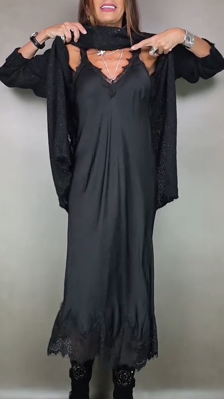 Two-Piece Layered Casual Midi Dress in Black