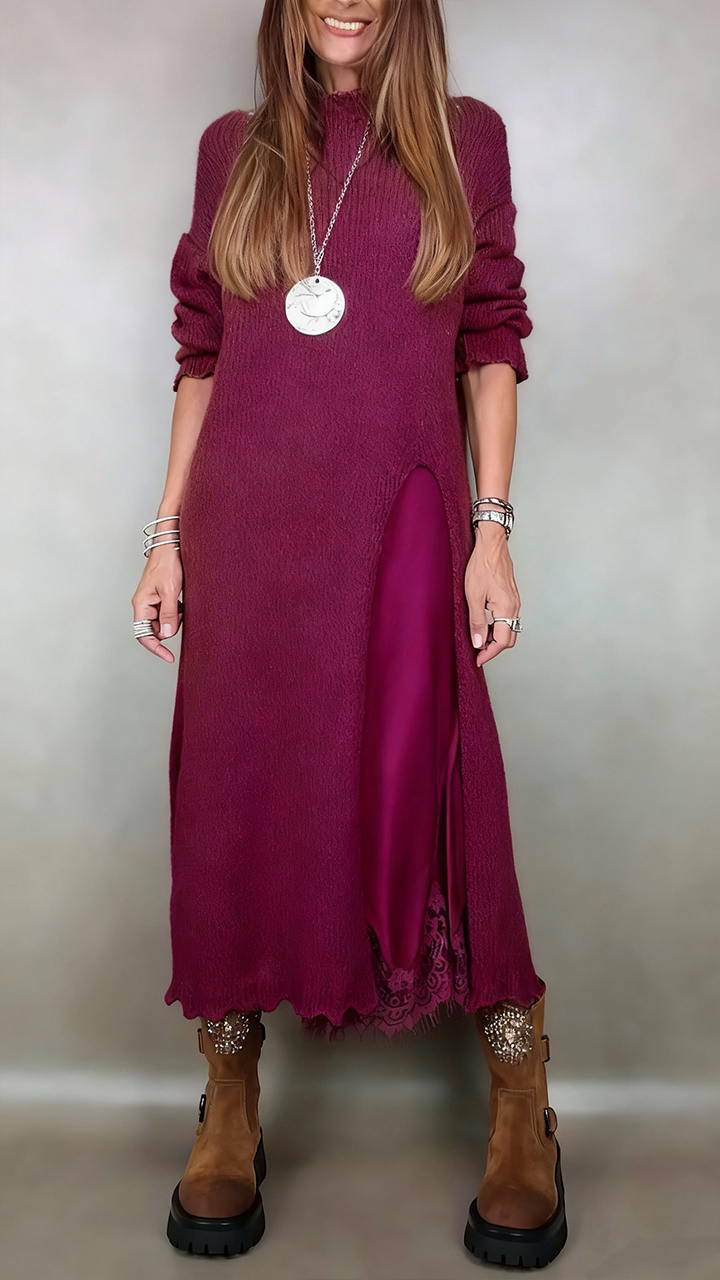 Two-Piece Layered Casual Midi Dress in Burgundy