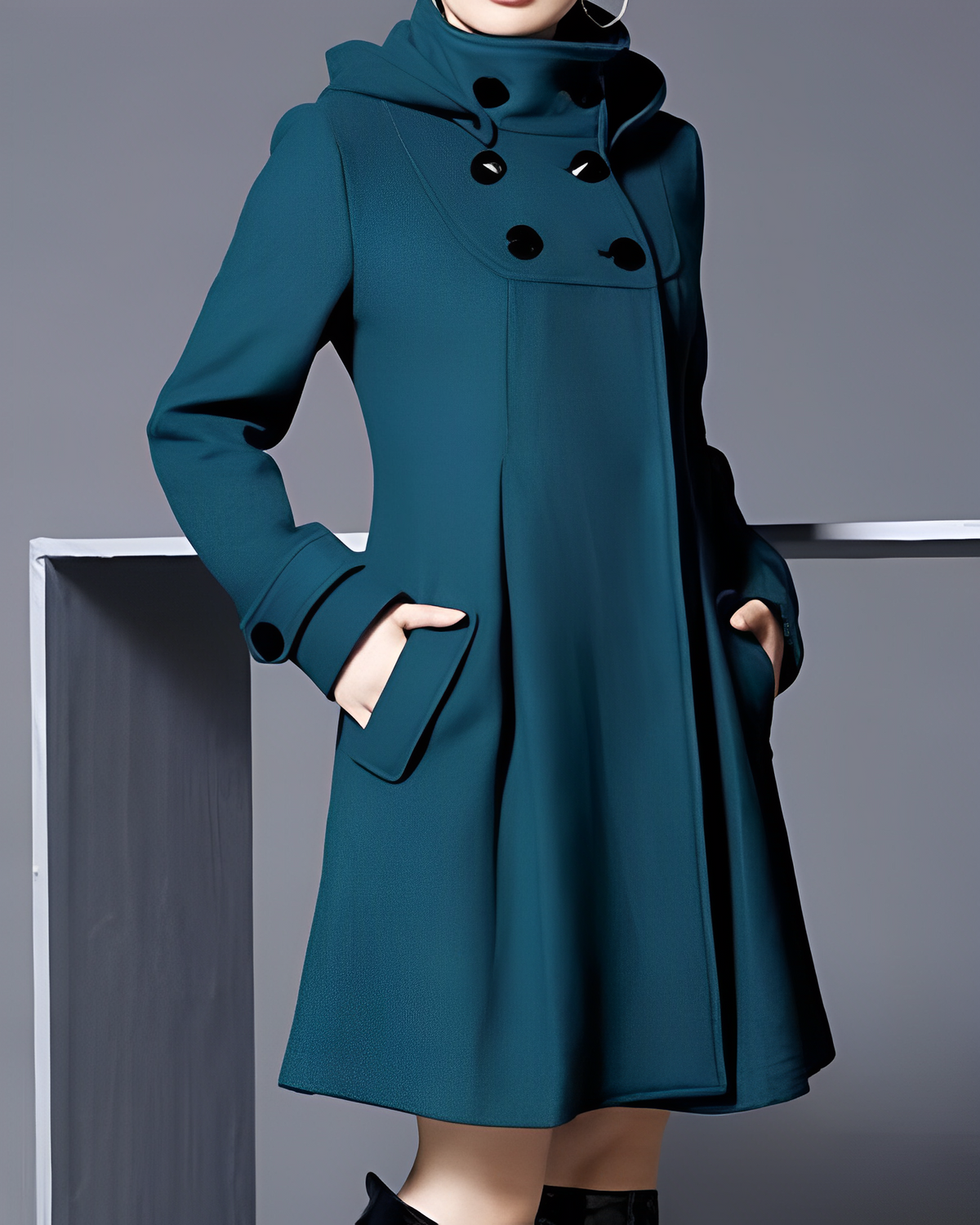 Women's Hooded Double-Breasted Casual Coat in Teal