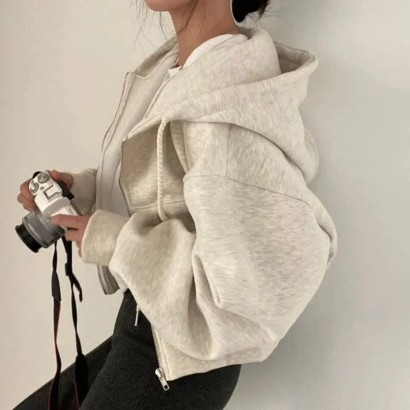 Women's Cropped Zip-Up Casual Hoodie in Beige