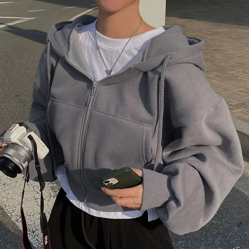 Women's Cropped Zip-Up Casual Hoodie in Dark Grey