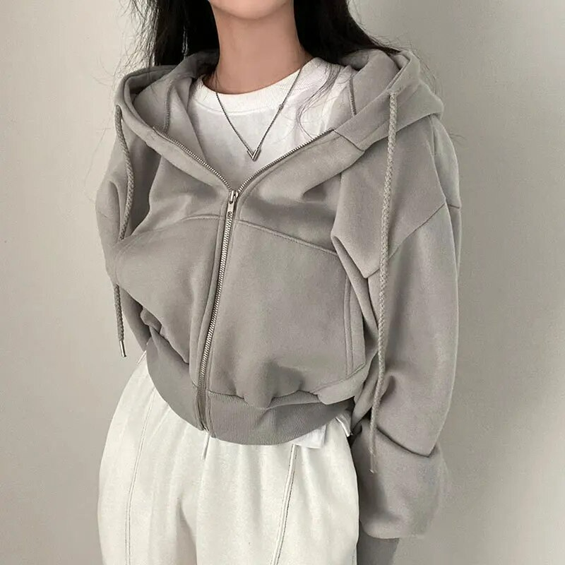 Women's Cropped Zip-Up Casual Hoodie in Grey