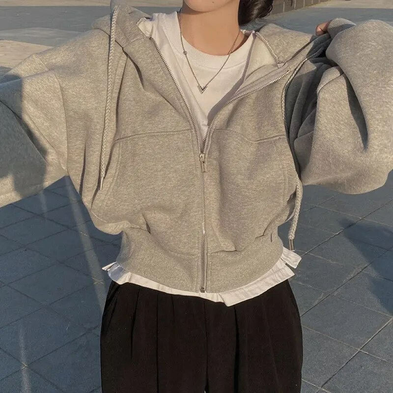Women's Cropped Zip-Up Casual Hoodie in Light Grey