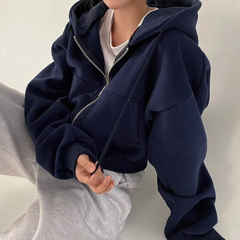 Women's Cropped Zip-Up Casual Hoodie in Navy