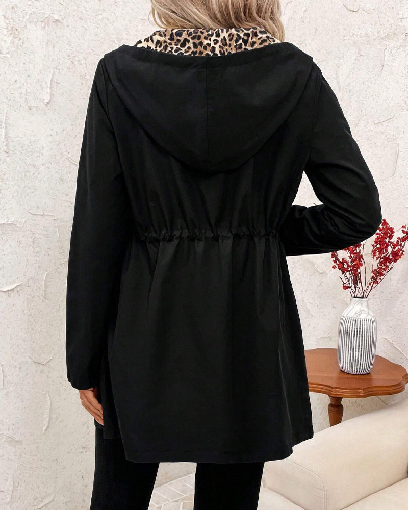 Women's Hooded Drawstring Casual Coat in Black