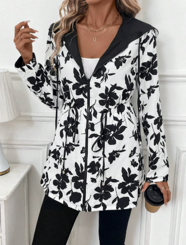 Women's Hooded Drawstring Casual Coat in White