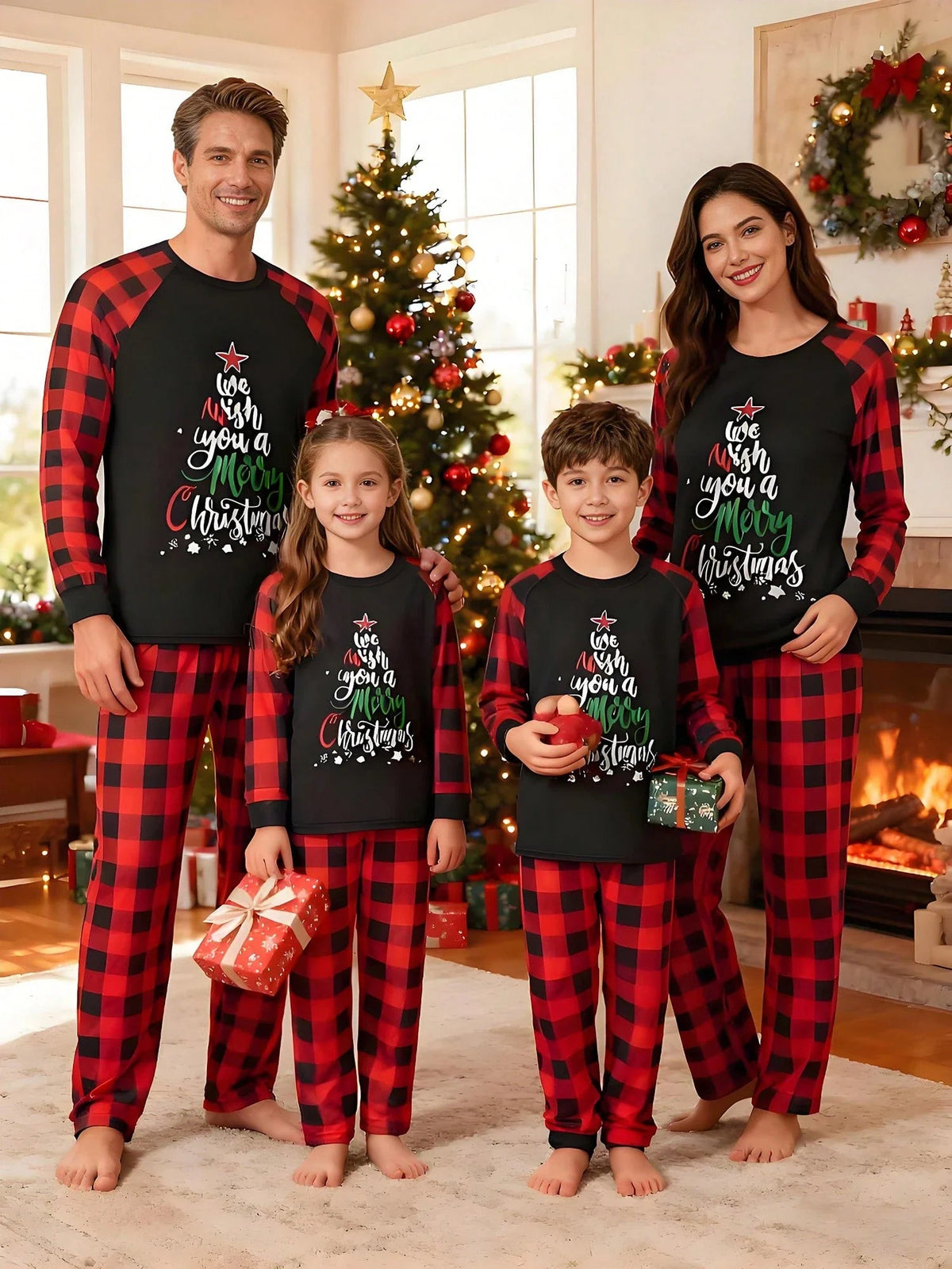Women's Raglan Sleeve Check Casual Pyjamas in Black