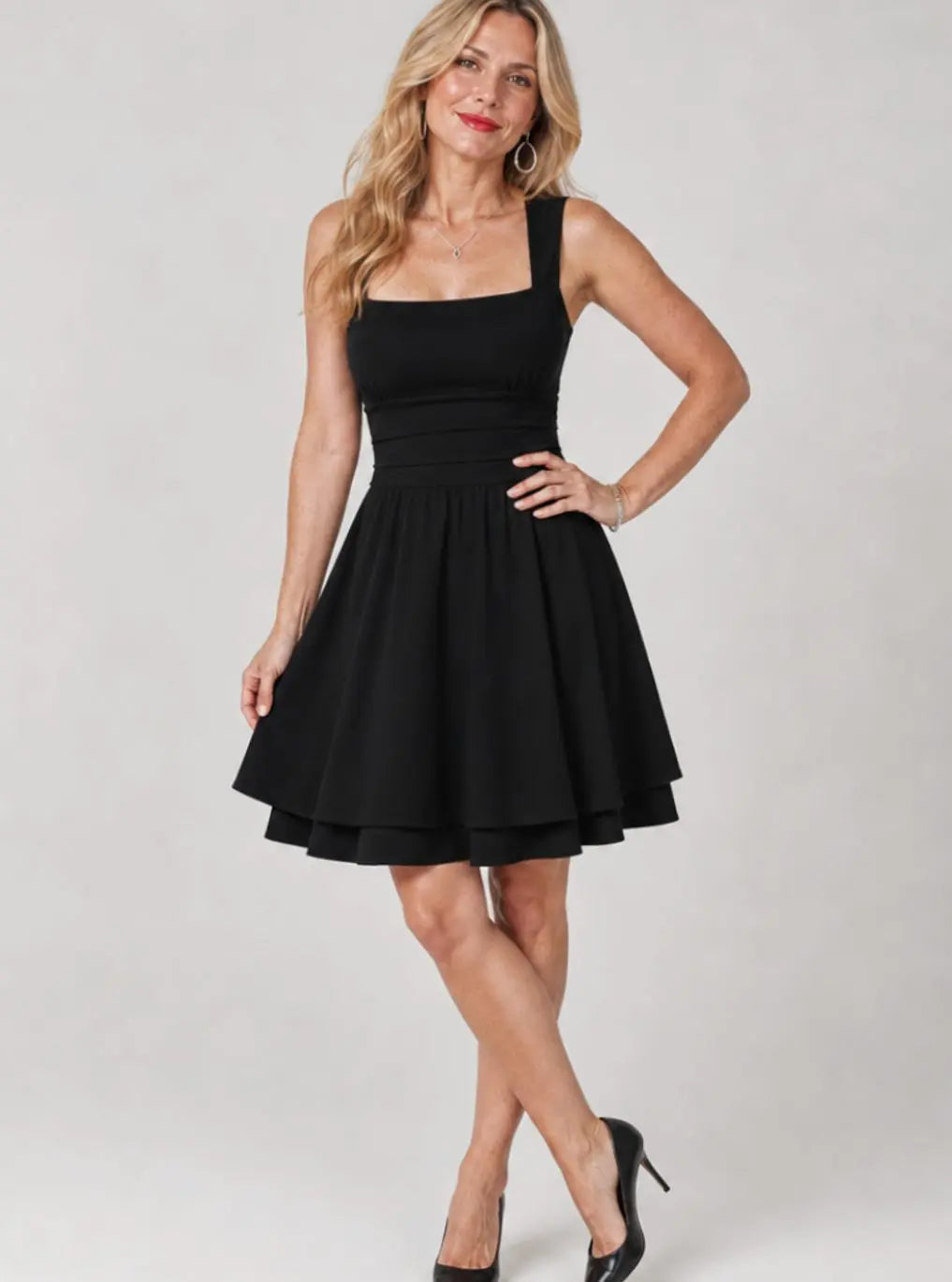 Square-Neck Ruched Cocktail Mini Dress in Black