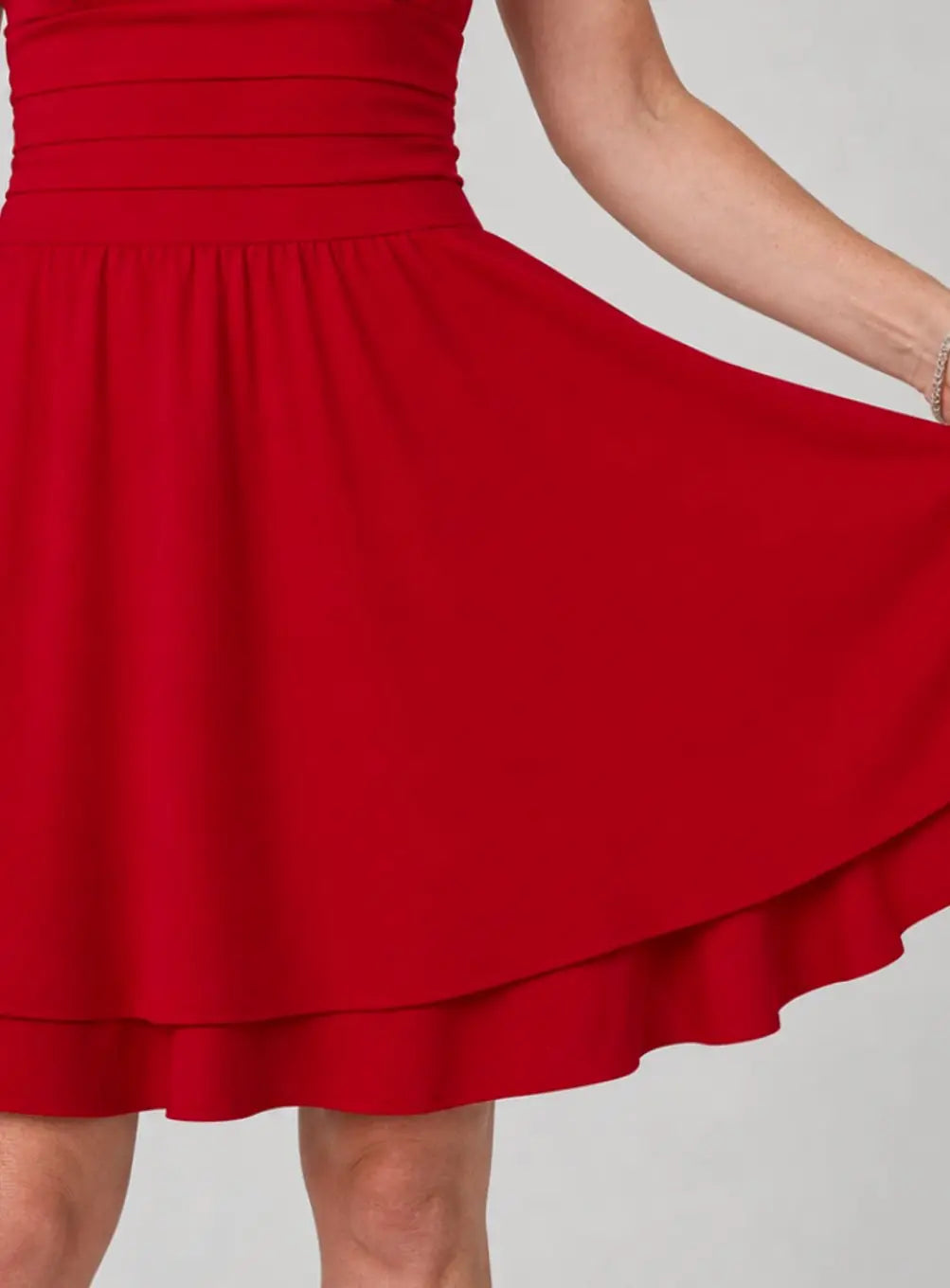 Square-Neck Ruched Cocktail Mini Dress in Red