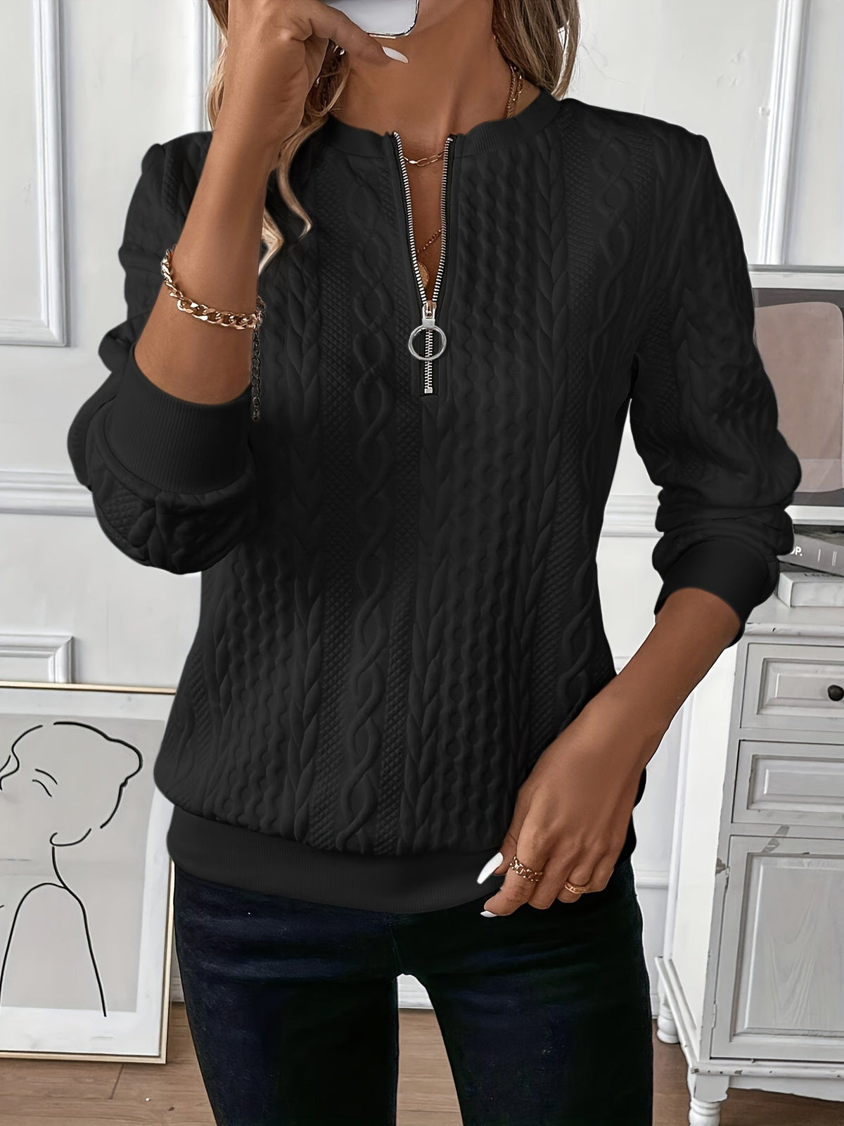 Women's Half-Zip Casual Jumper in Black