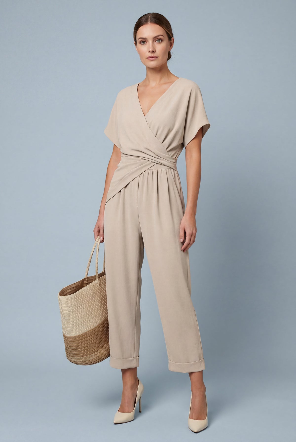 Wrap Top Cuffed Evening Co-ord in Beige