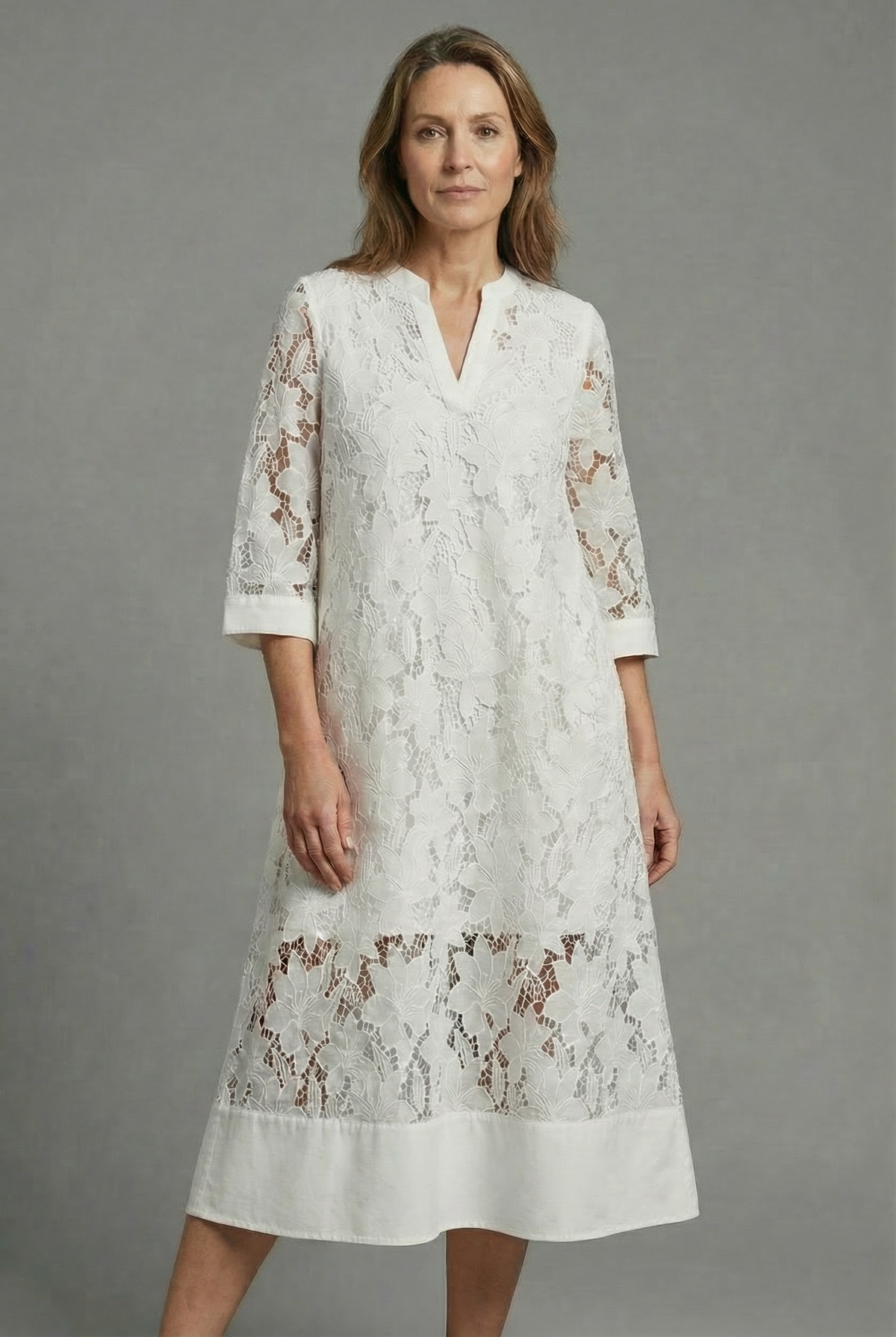Split-Neck Lace Holiday Midi Dress in White