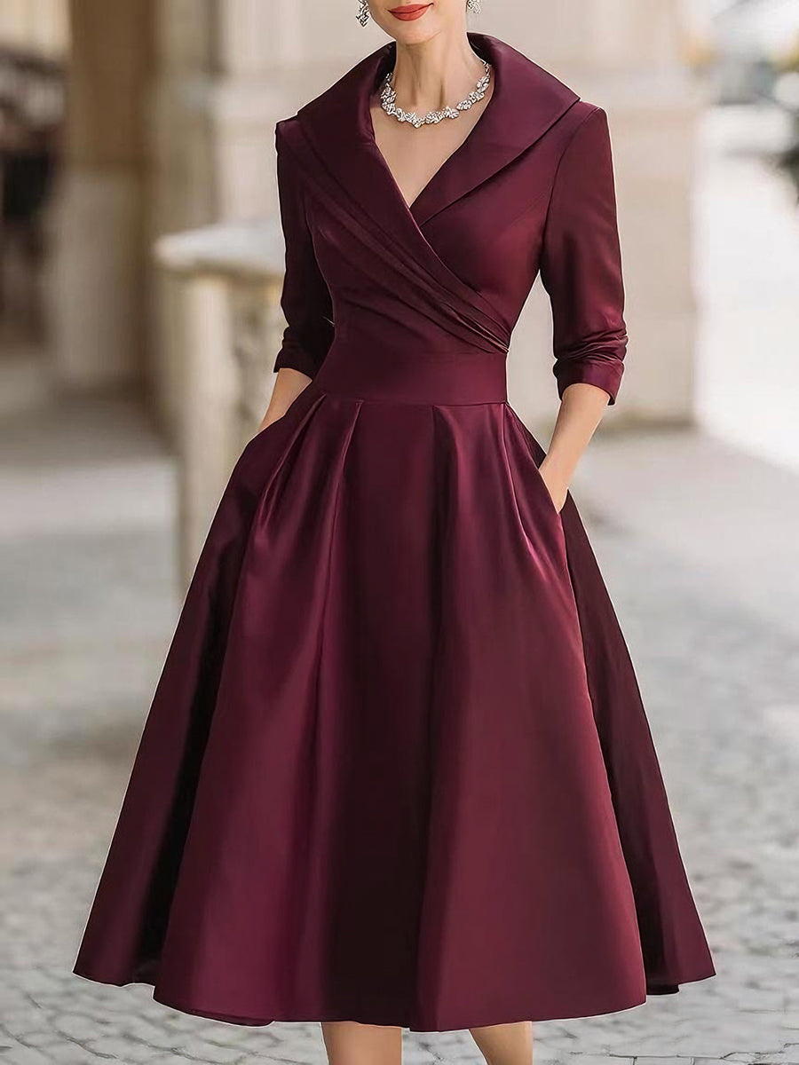 Shawl-Collar Wrap Wedding Guest Midi Dress in Burgundy