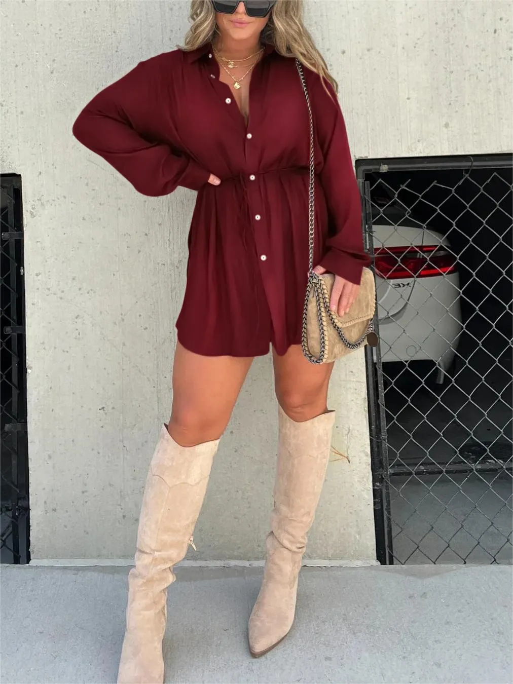 Button-Front Casual Mini Dress in Burgundy