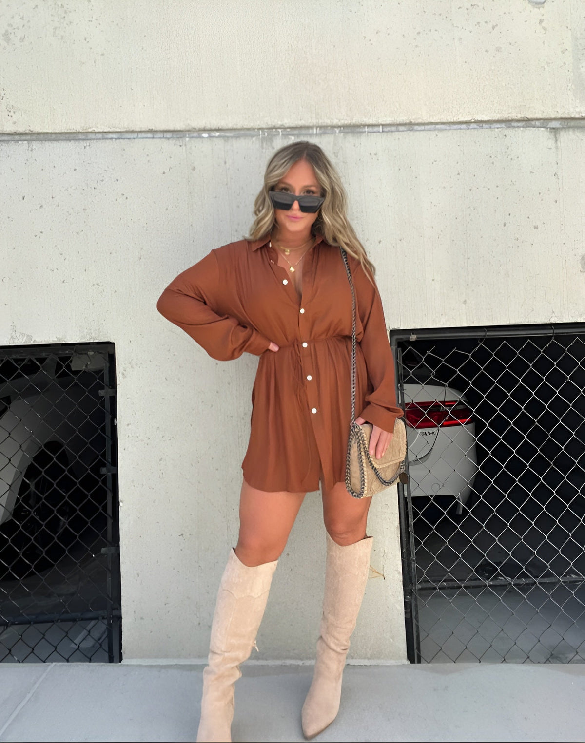 Button-Front Casual Mini Dress in Rust