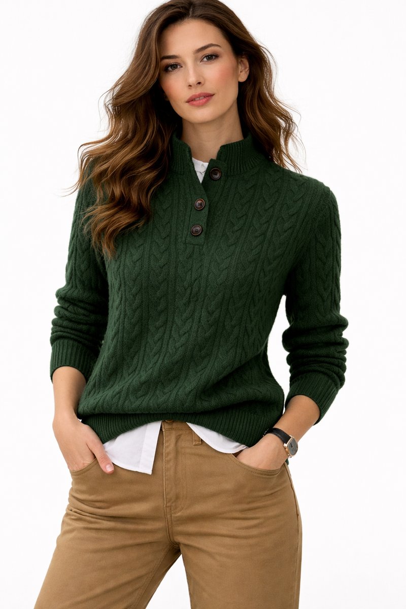 Women's Button-Neck Casual Jumper in Dark Green