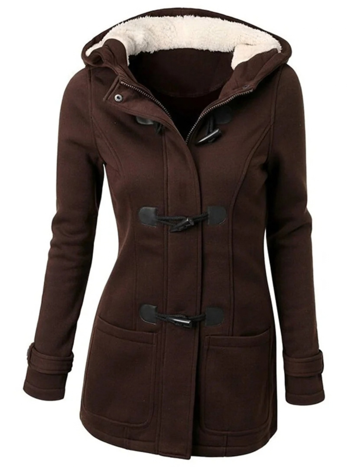 Women's Hooded Toggle-Front Casual Coat in Dark Brown