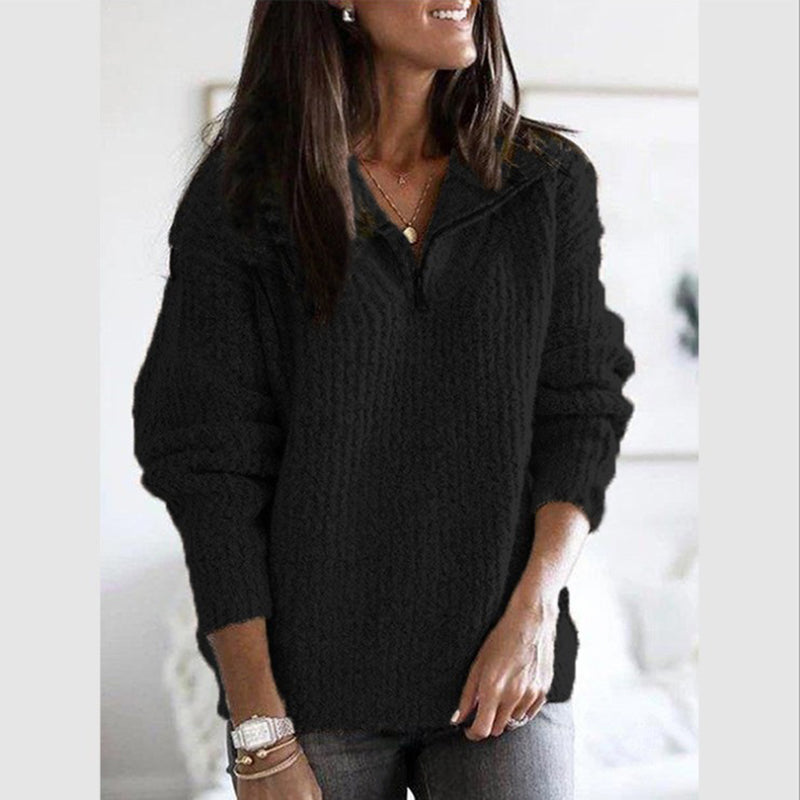 Women's Half-Zip Ribbed Casual Jumper in Black