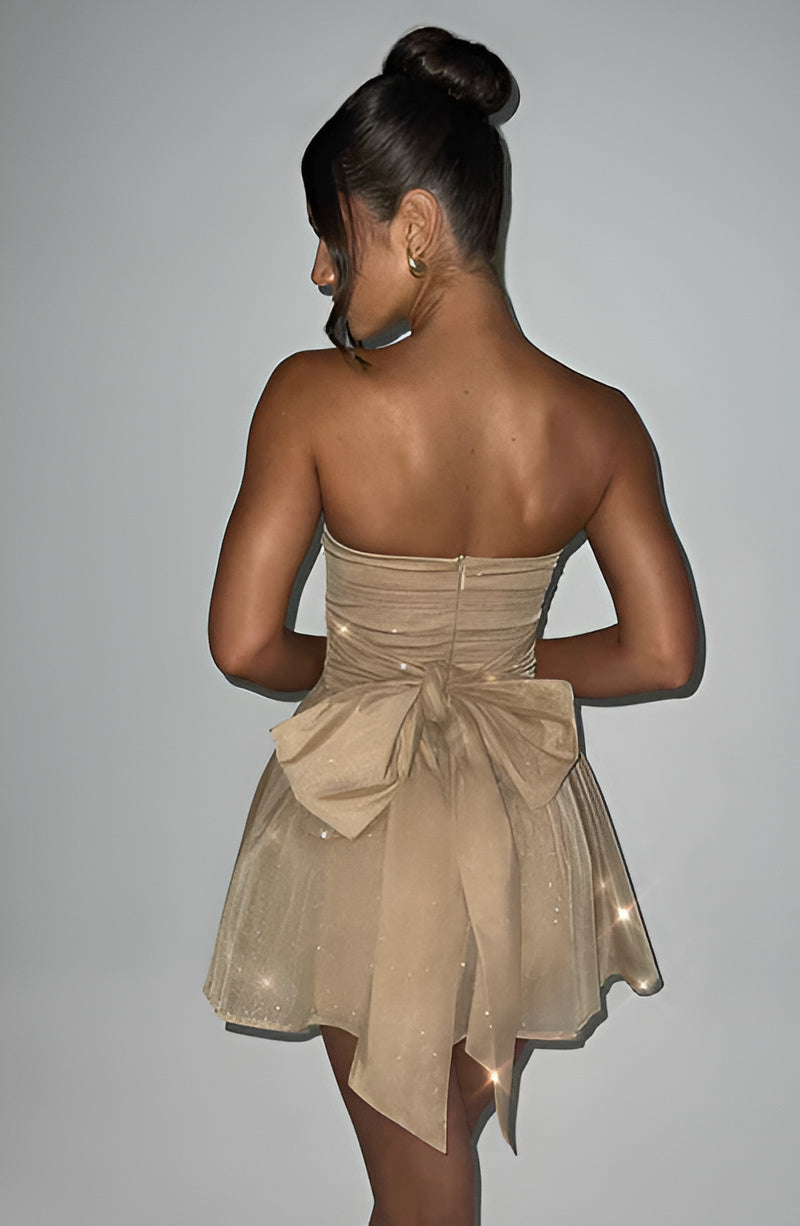 Strapless Ruched Bow-Back Party Mini Dress in Camel