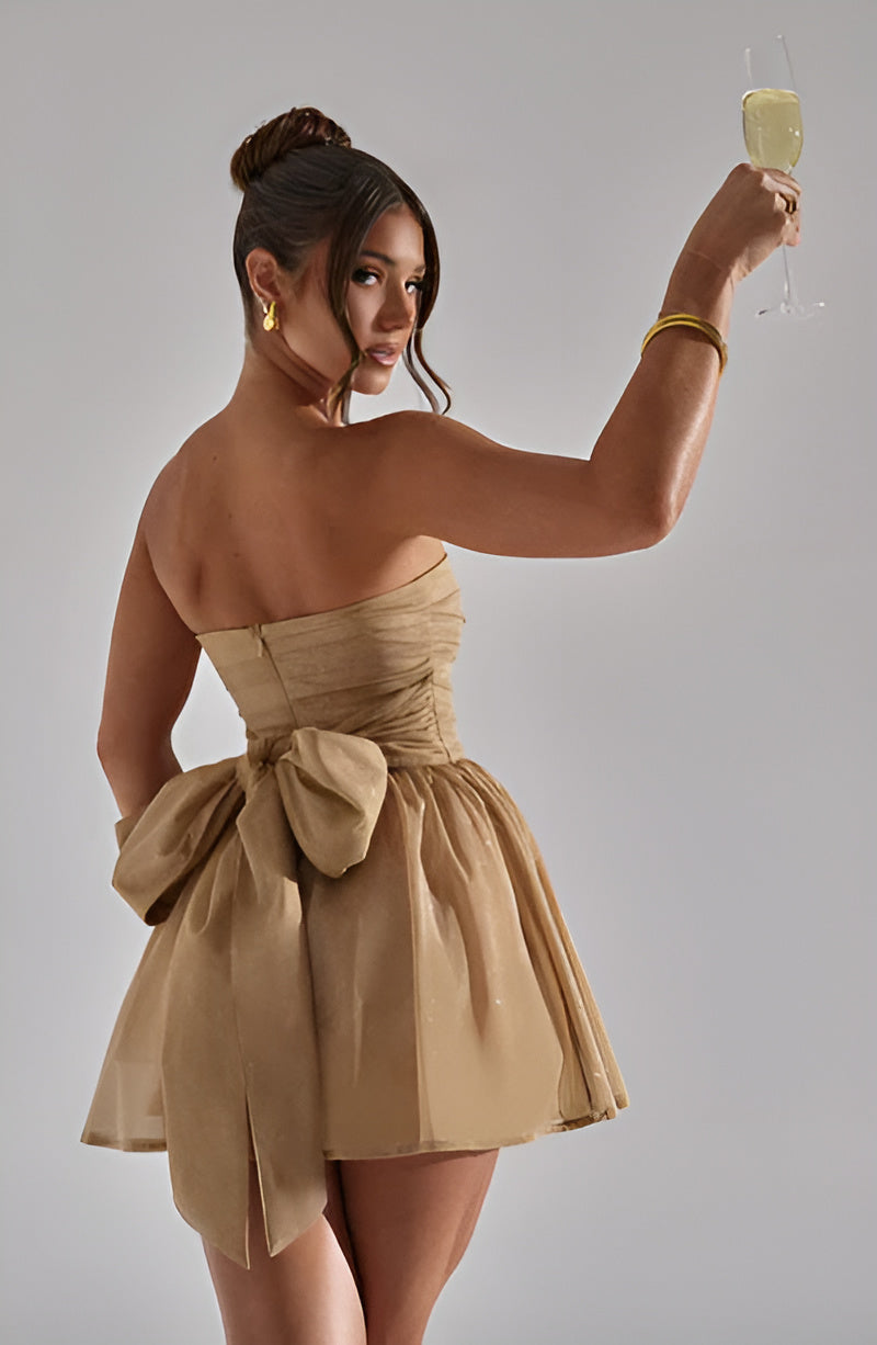 Strapless Ruched Bow-Back Party Mini Dress in Camel