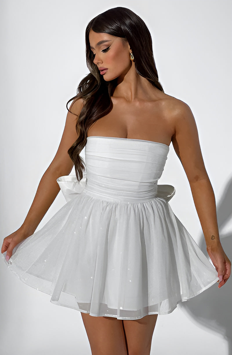 Strapless Ruched Bow-Back Party Mini Dress in White