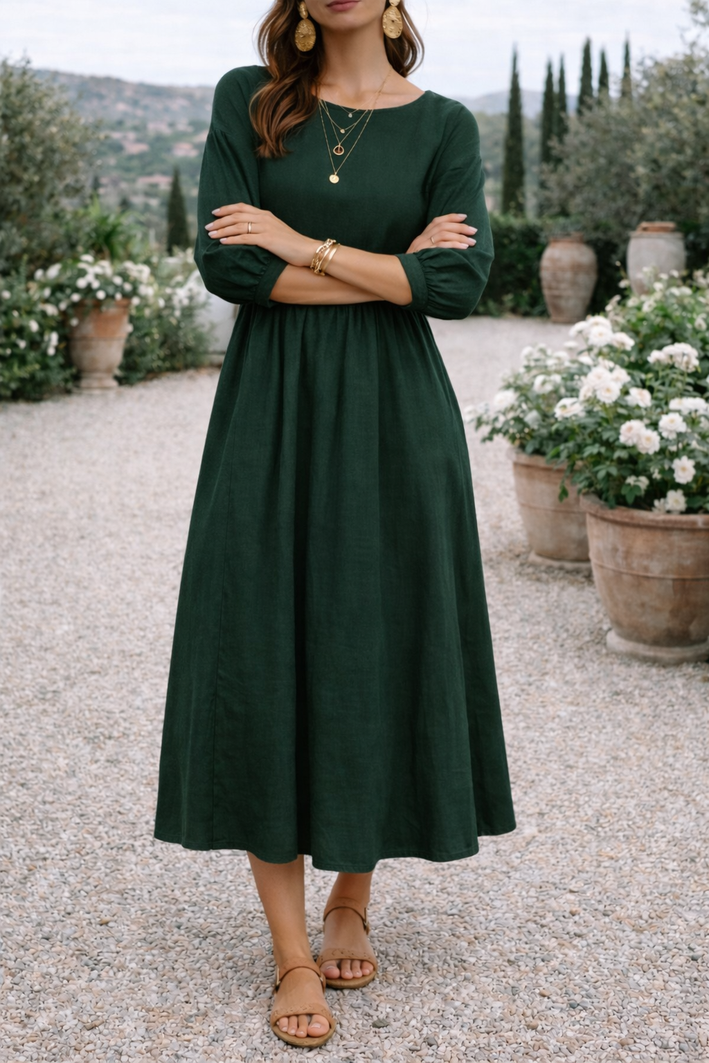 Balloon-Sleeve Holiday Midi Dress in Dark Green