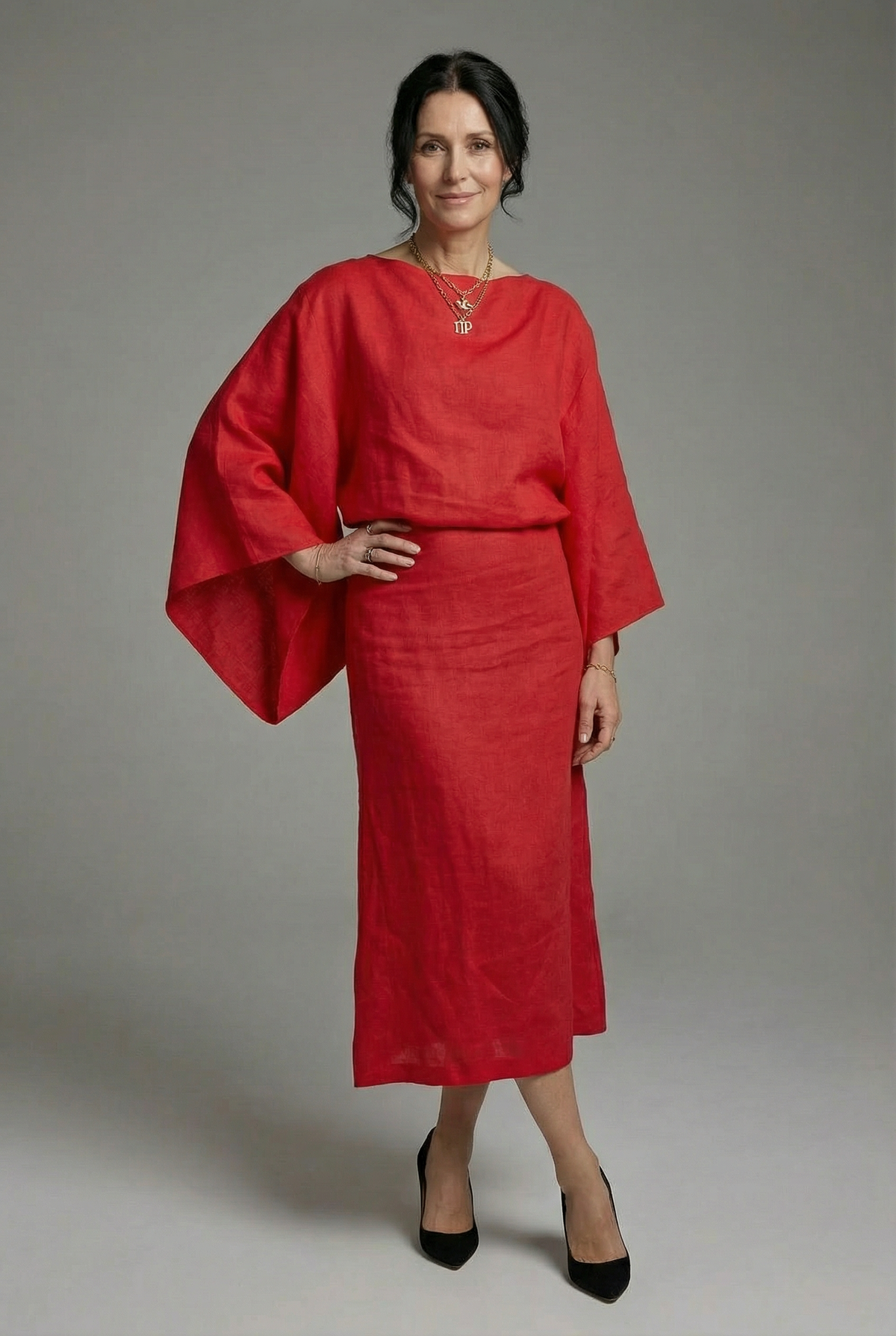 Wide Kimono Sleeve Casual Midi Dress in Red