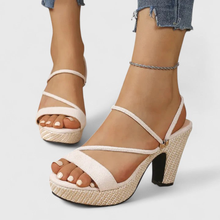 Crossover Strap Platform Party Heels in Beige