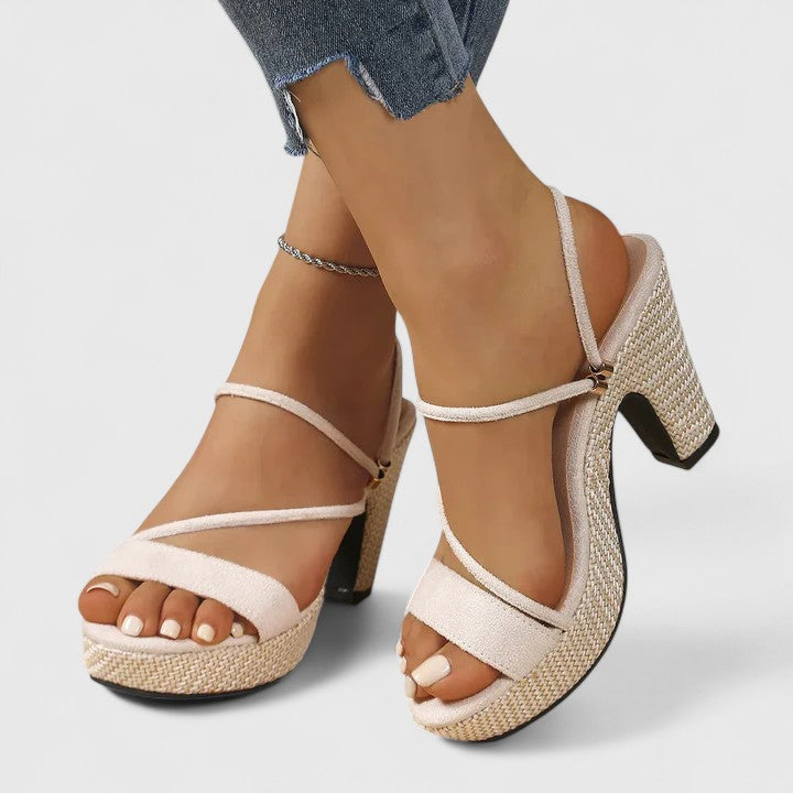 Crossover Strap Platform Party Heels in Beige