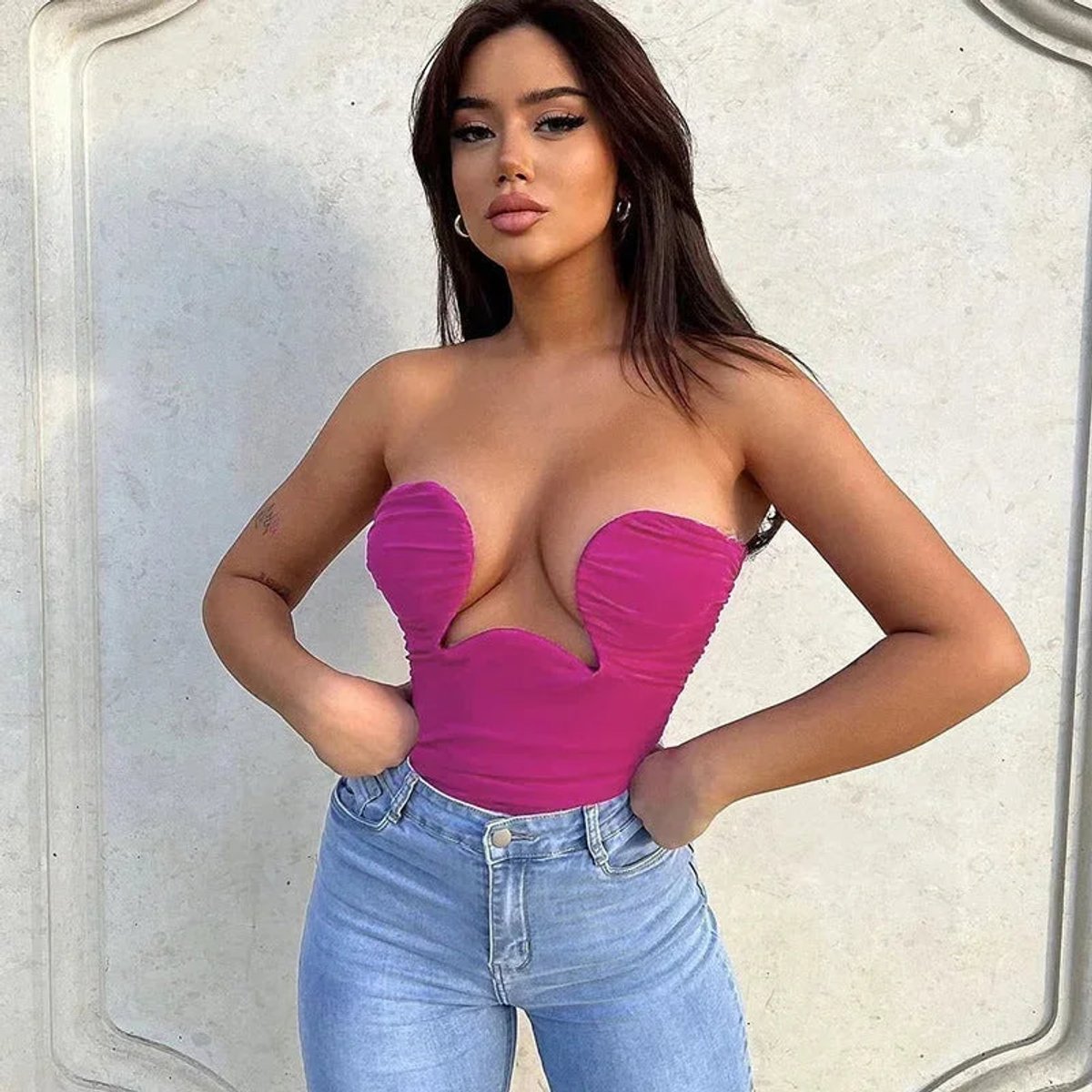 Strapless Wavy Cutout Evening Blouse in Fuchsia