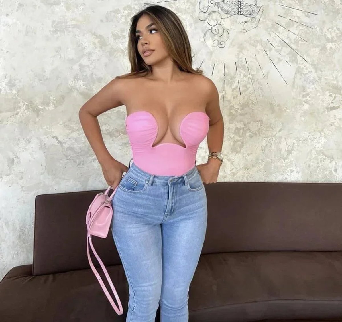 Strapless Wavy Cutout Evening Blouse in Pink