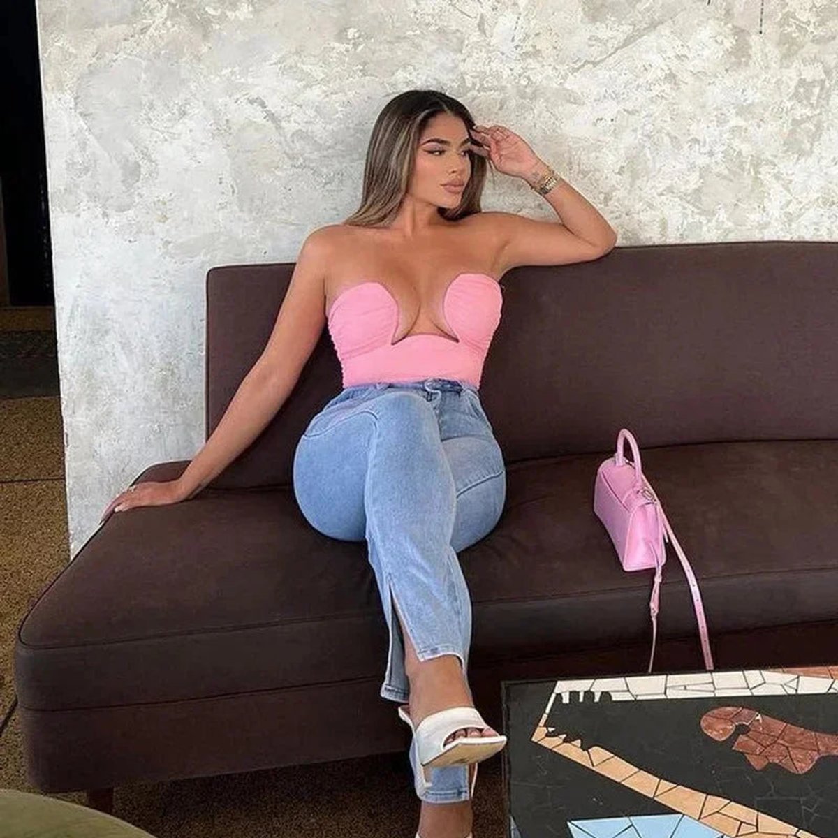 Strapless Wavy Cutout Evening Blouse in Pink