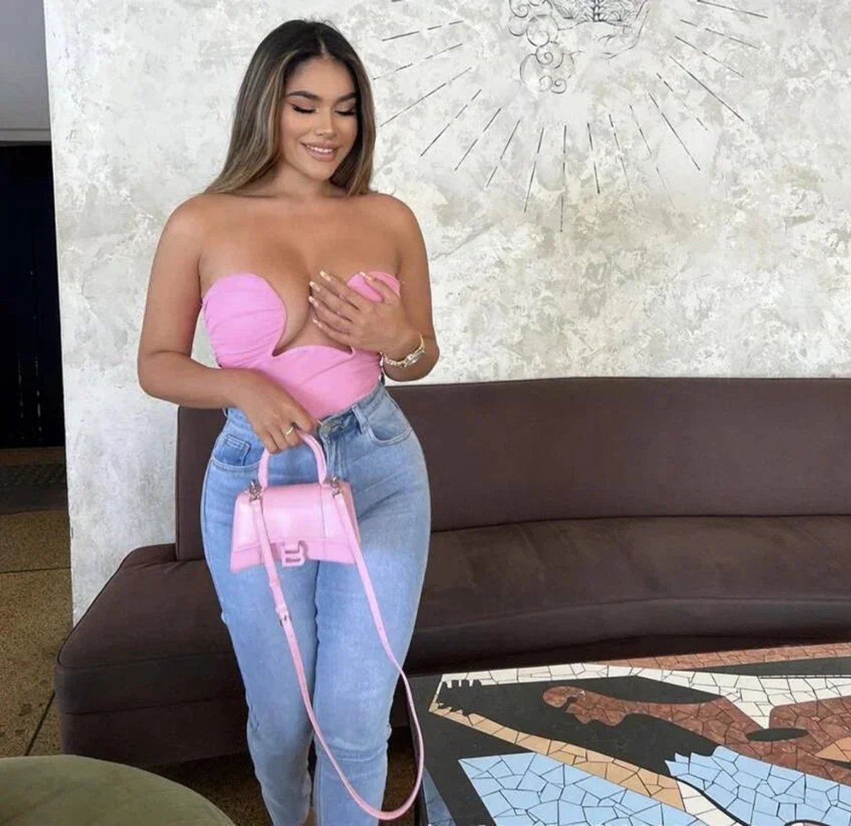 Strapless Wavy Cutout Evening Blouse in Pink