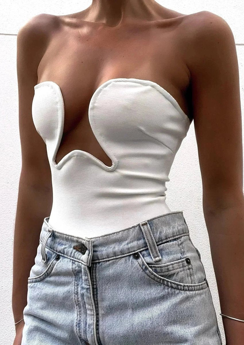 Strapless Wavy Cutout Evening Blouse in White