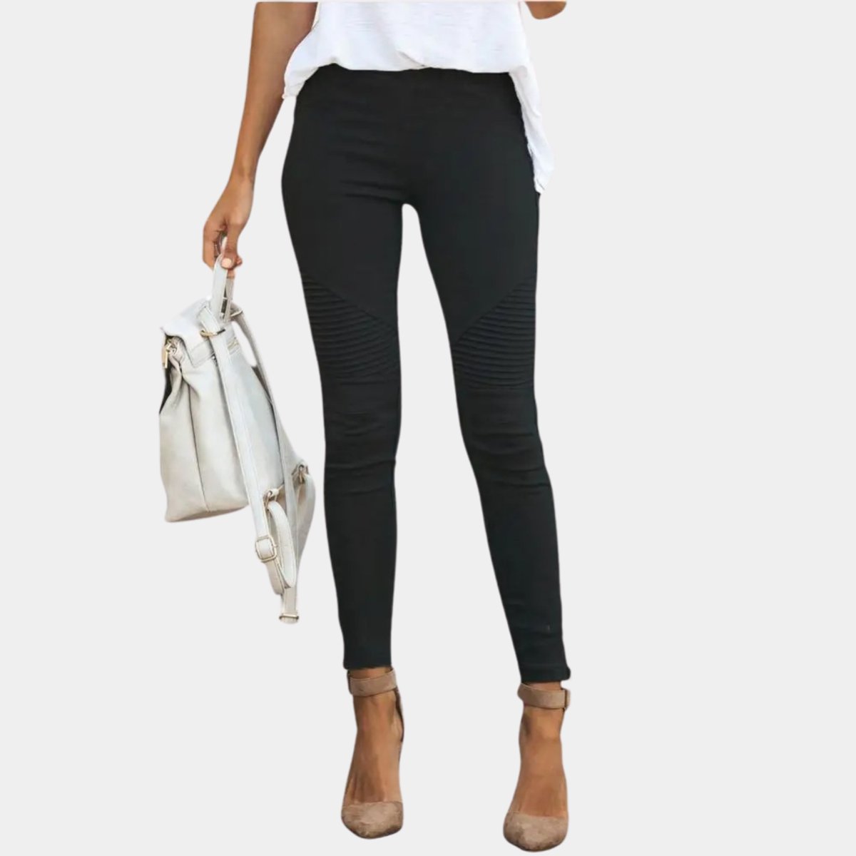 Ribbed Moto Knee Casual Leggings in Black