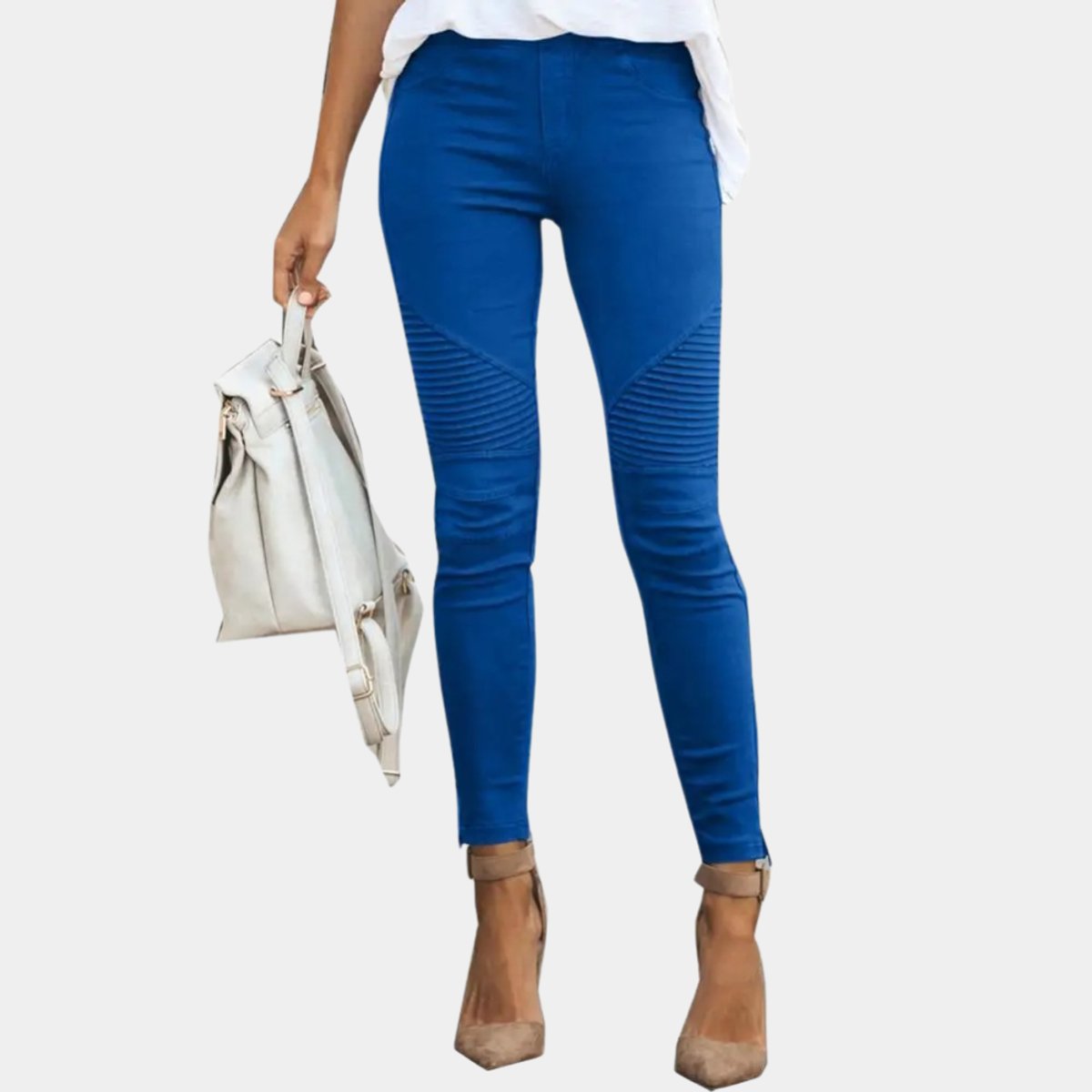 Ribbed Moto Knee Casual Leggings in Blue