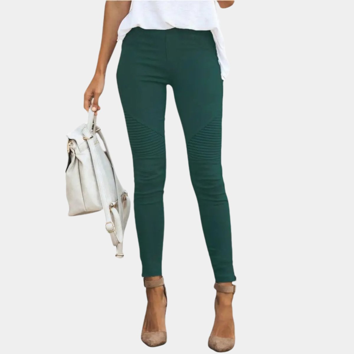 Ribbed Moto Knee Casual Leggings in Dark Green