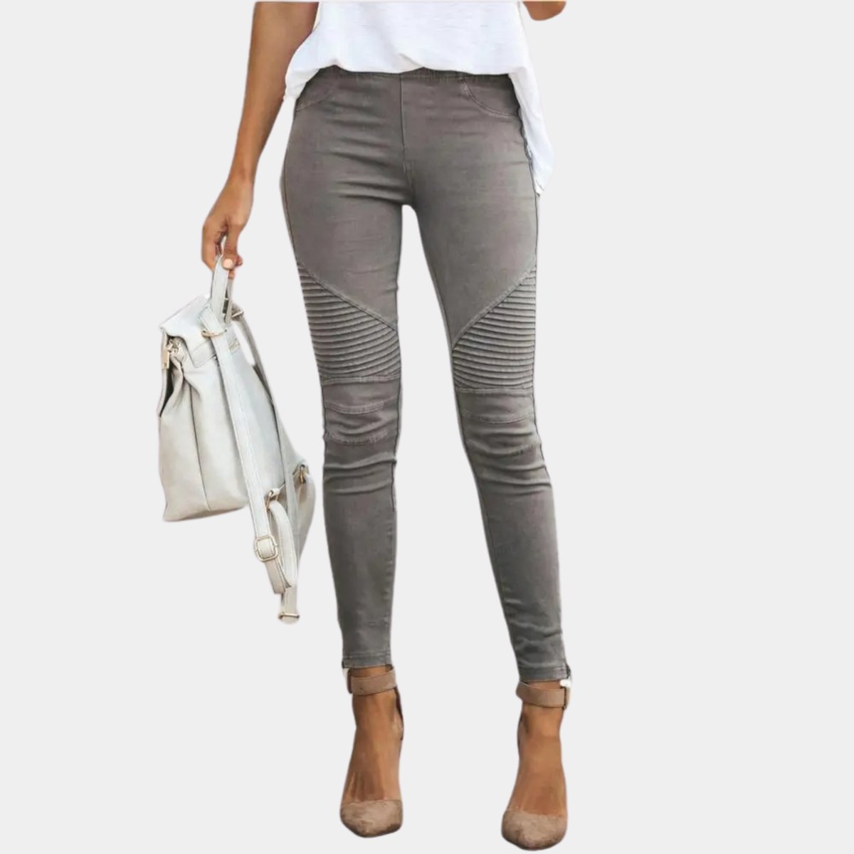 Ribbed Moto Knee Casual Leggings in Grey