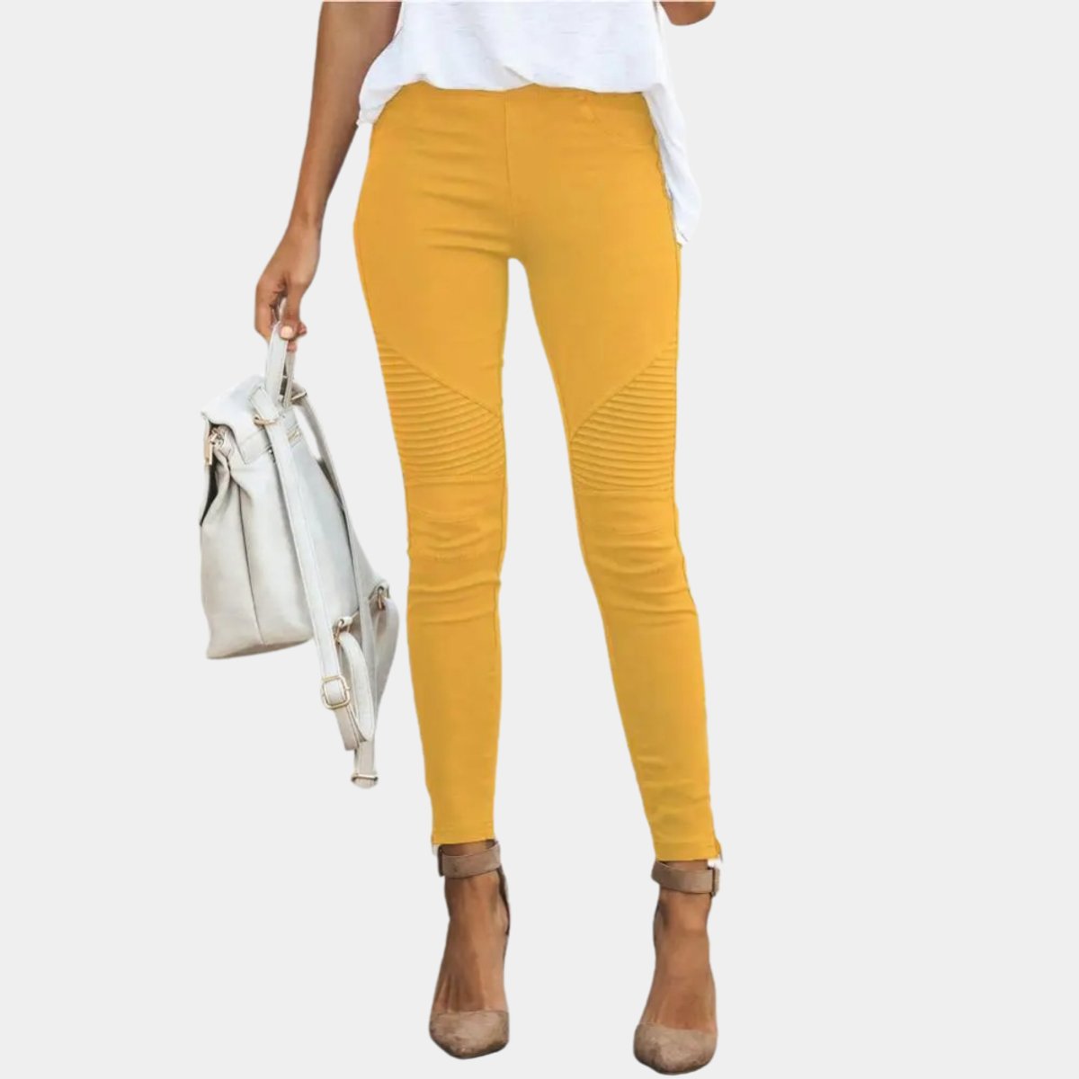 Ribbed Moto Knee Casual Leggings in Mustard