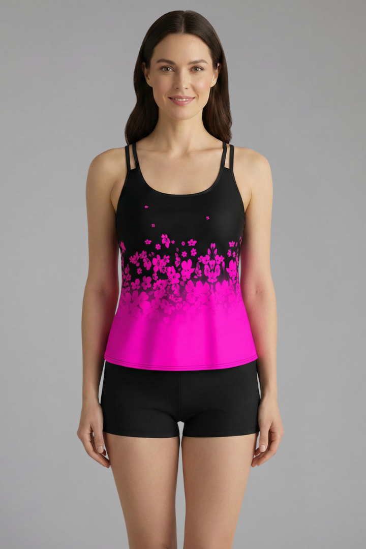 Double-Strap Tankini Beach Swimsuit in Fuchsia