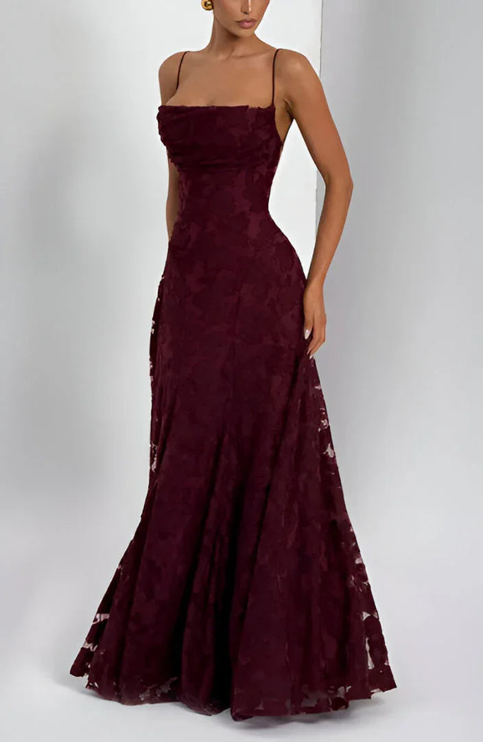Lace-Up Back Evening Maxi Dress in Burgundy
