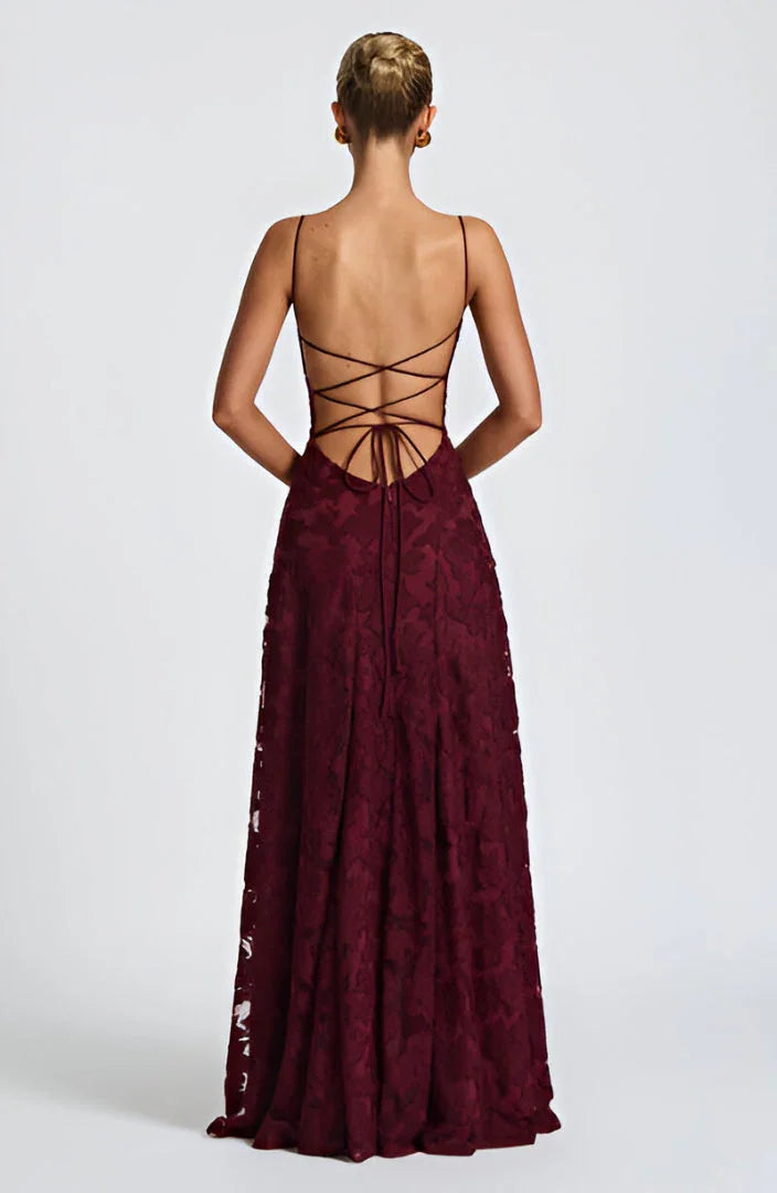 Lace-Up Back Evening Maxi Dress in Burgundy