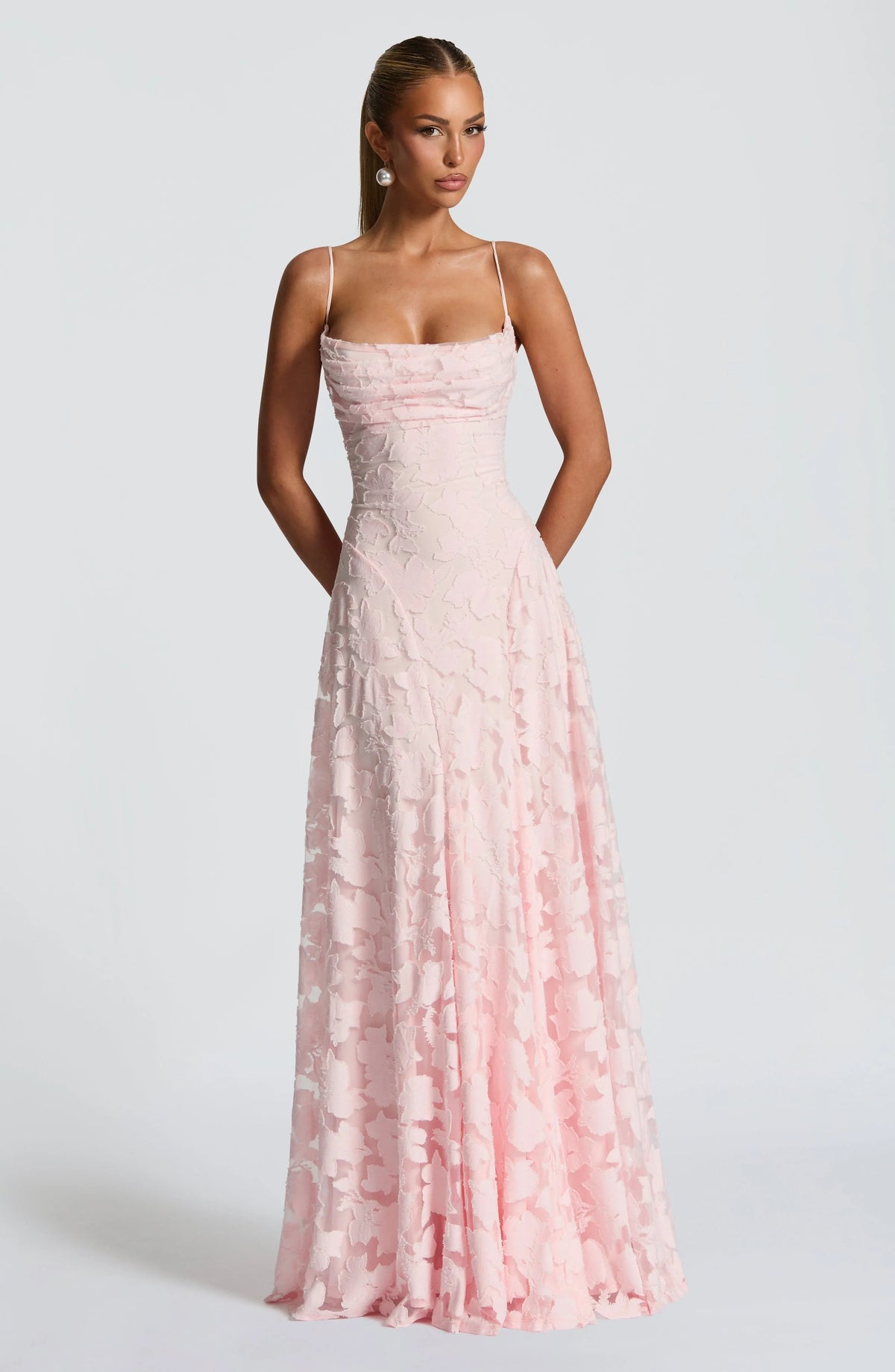 Lace-Up Back Evening Maxi Dress in Light Pink