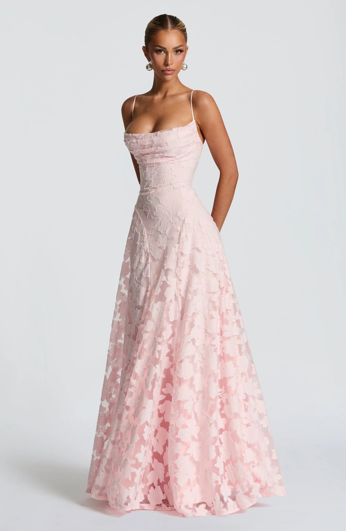 Lace-Up Back Evening Maxi Dress in Light Pink