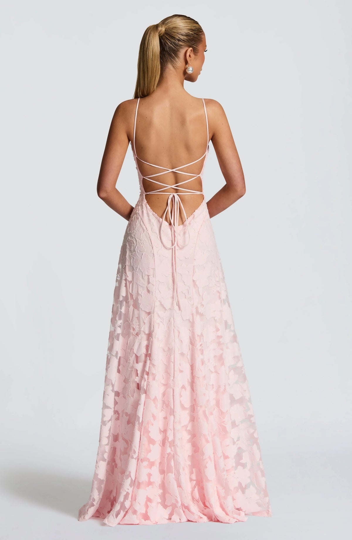 Lace-Up Back Evening Maxi Dress in Light Pink